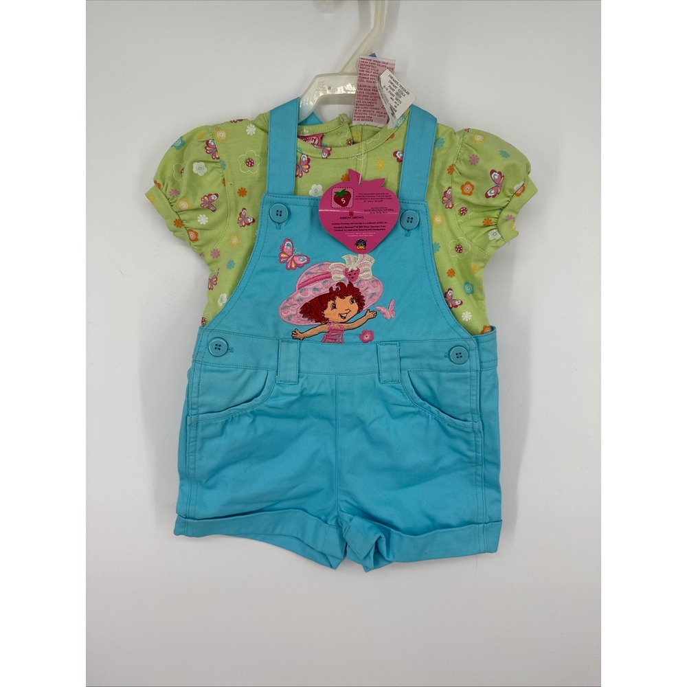 VTG Y2K Strawberry Shortcake 24M 3pc Blue Shortalls Green Floral Shirt Hat NWT